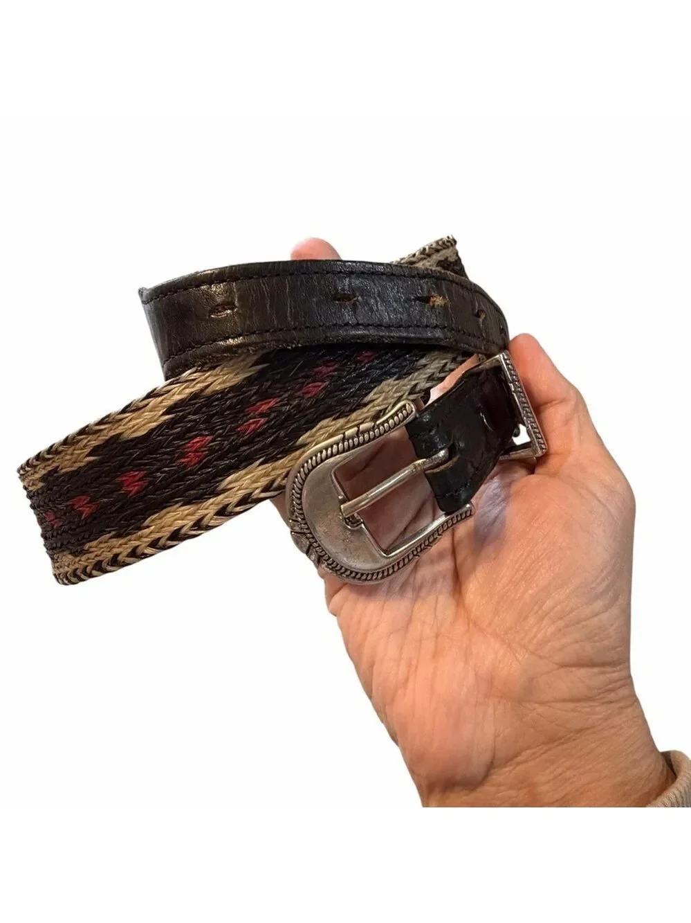 Western Distressed Leather Hitched Horsehair Stylish Black/Brown Men's Belt 36